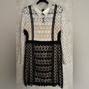 Venus Black Off Wht Crochet Lace Long Sleeve Side Cutout Collar Mini Dress Sz 12